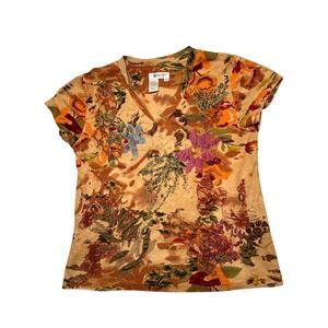 Coldwater Creek Floral Embroidered Mix Media Shirt Boho Art To Wear Earthy  M
